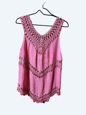 Vivid Importers ORLY Boho Macrame Fringe Tank Top Dusty Rose Pink Medium